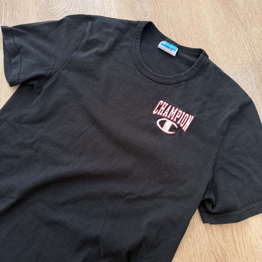 VTG Champion Classic Logo T-Shirt Mens Medium Black Embroidered Short Sleeve Tee
